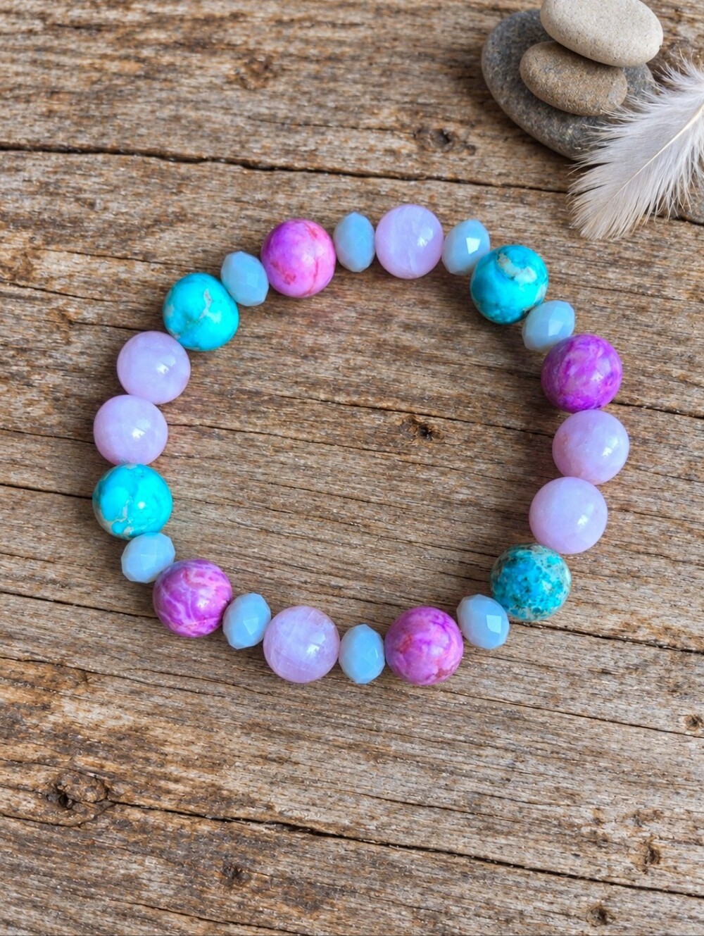 Kunzite, Sea Sediment Jasper & Pink Crazy Lace Calcite Bracelet | Handmade
